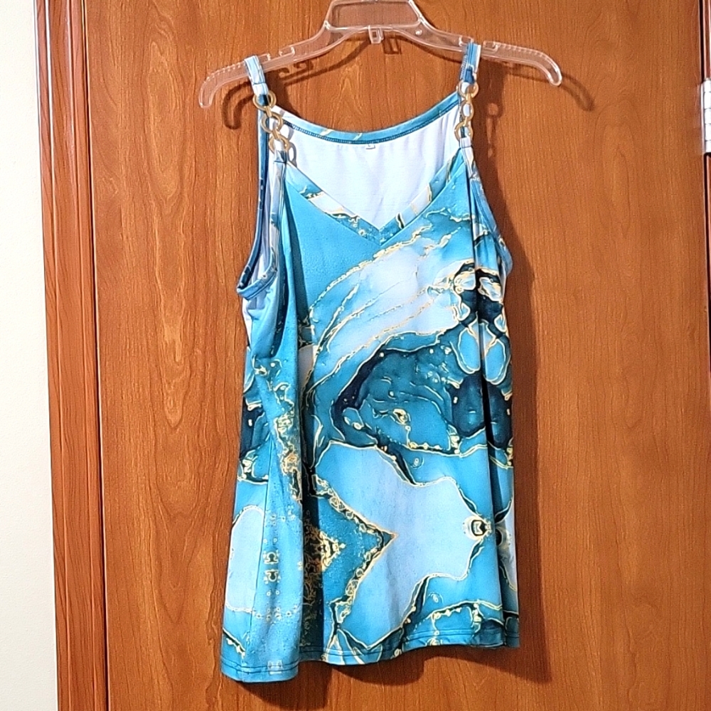 Blue and gold water design tank top. Size LG